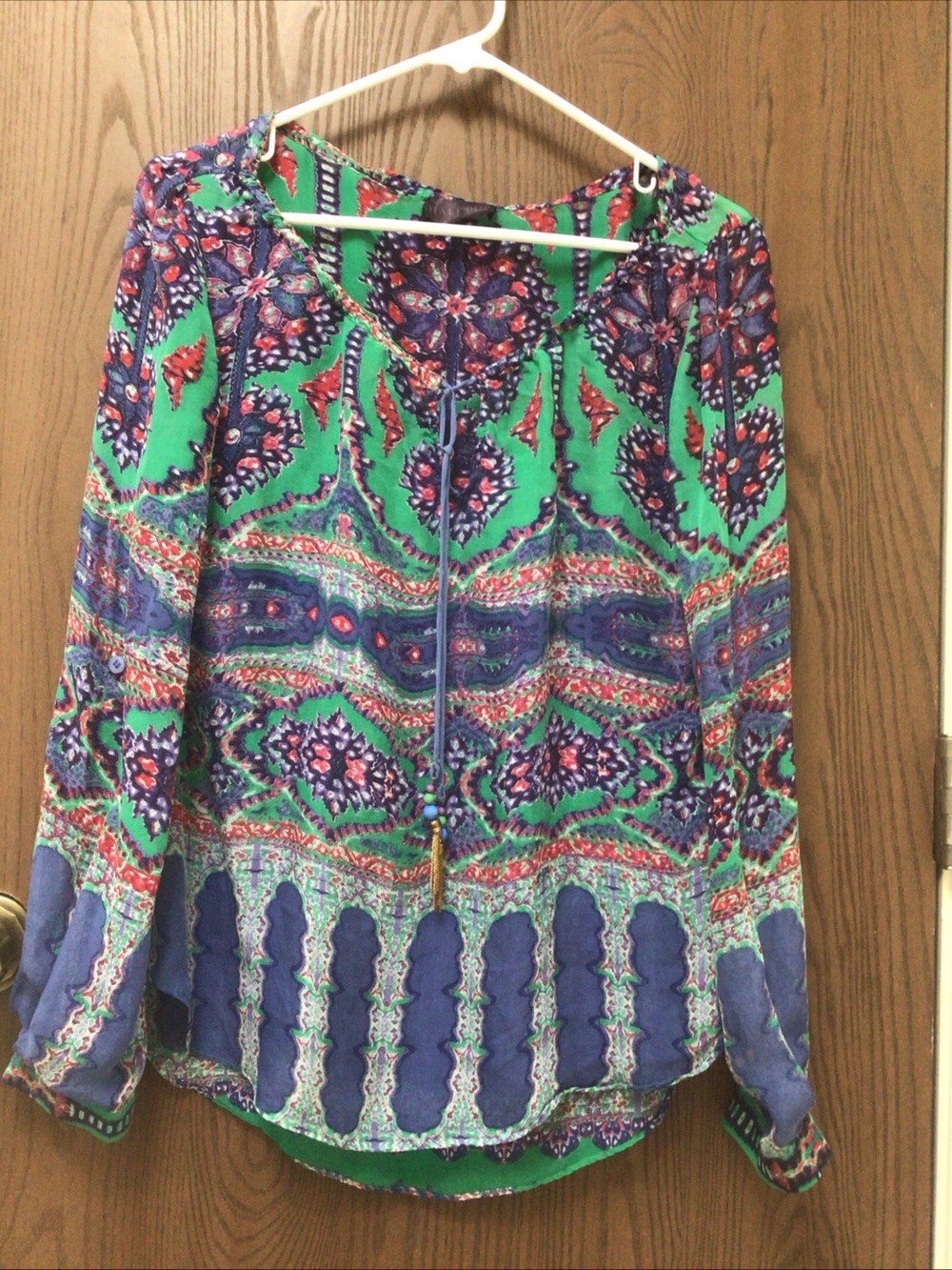 Hale Bob green blue floral blouse tunic top, 100% silk, peasant style sz S